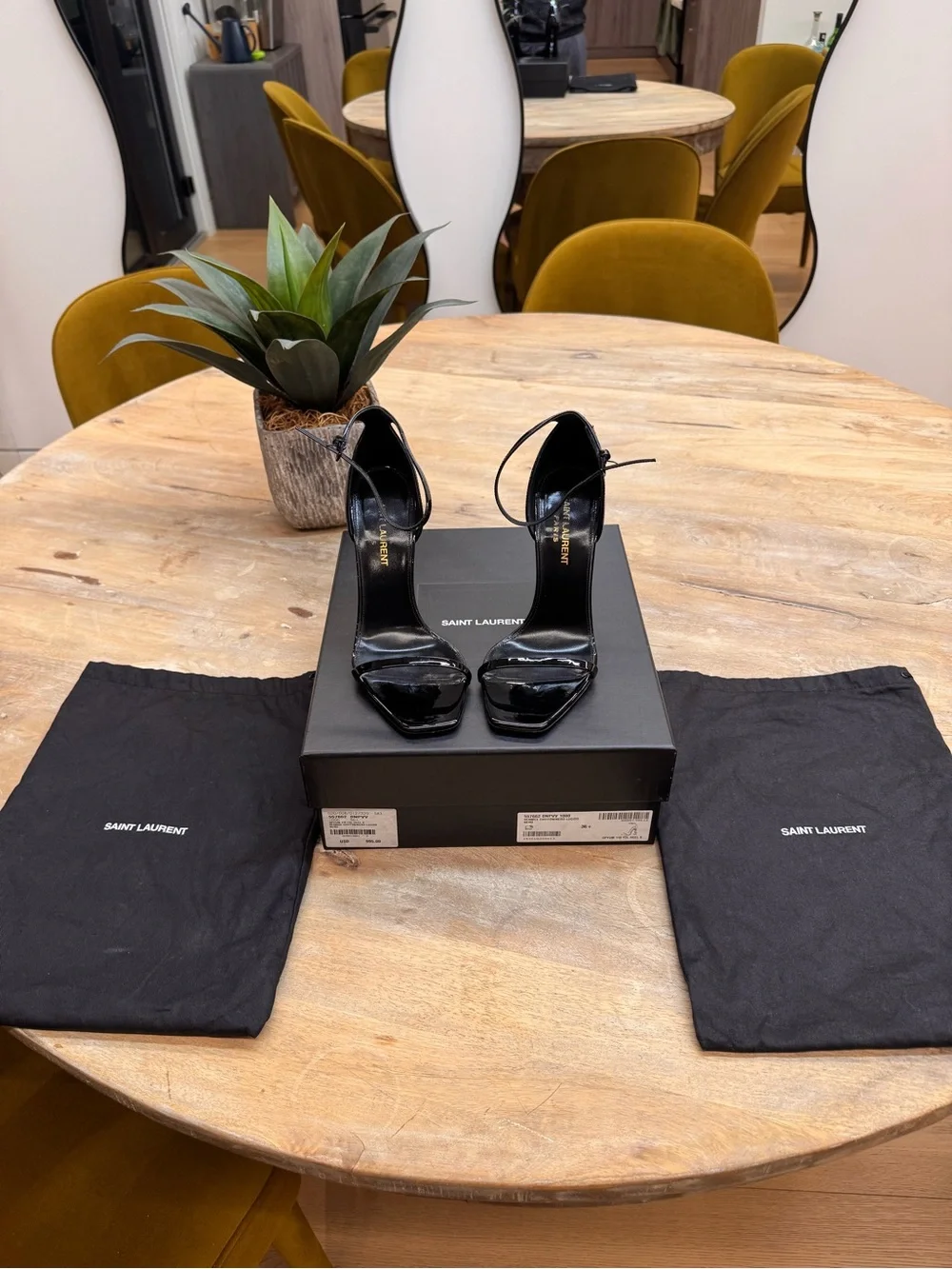 Saint Laurent Black Patent Leather Square-Toe Ankle-Strap Stilettos